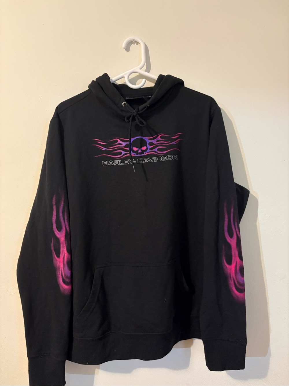 Harley-Davidson Black Hoodie with Purple-Pink Flame Skull